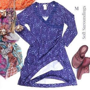 Soft Surroundings Purple Patterned Faux Wrapped Rouged Side Dress Sz PM